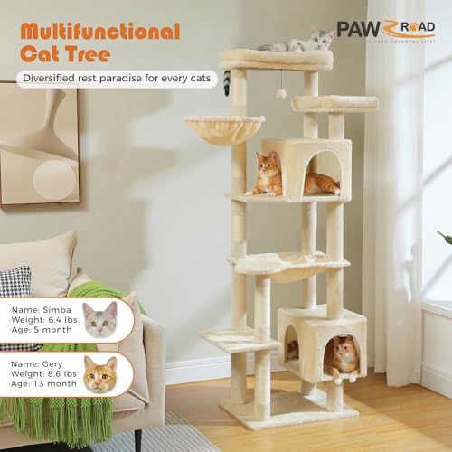 PETEPELA 69" Tall Cat Tower with Hammock & Scratching Posts, Beige - color: Beige, size: 69 Inches