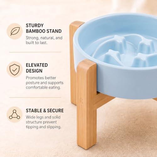 Elevated Ceramic Slow Feeder Dog Bowls Anti-Choking Slow Feeding for Small&Medium Size Anti-Slip Non-Lead & Toxic Durable Easy to Clean Maze Slow Feeder Bowl（8.26in Mint Blue Stars Pattern） - color: Mint Blue Stars Pattern, size: 1.6Cup