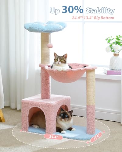 MUTTROS Flower Cat Tree with Large Metal Frame Hammock, 35" Pink Cat Tower with Sisal Scratching Posts for Small Indoor Cats, Cat Condo with Blue Top Perch for Kittens, Fluffy Ball, Pink - color: Blue, size: 35" Upgraded Flower Cat Tree