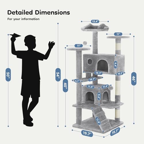 DUMOS 54 Inch Cat Tree Tower with Scratching Posts - color: Light Grey, size: 54'' × 20'' × 20''