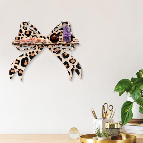 Pinkunn 2 Pcs Brown Leopard Bow Wall Shelves Floating, Wooden