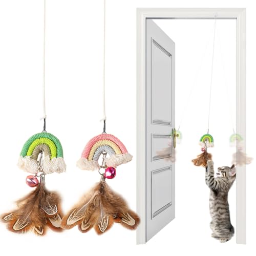 YUDANSI Cat Feather Toys 2pack,Retractable Cat Teaser Toys, Self-Adhesive Hanging Interactive Cat Toy for Indoor Cats Kitten Play Chase Exercise Doorway, Gift for Cats Hunting Chasing to Keep Busy