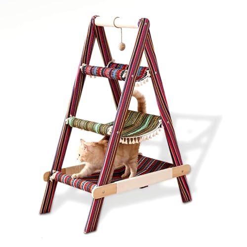 SHENGOCASE 3-Tier Modern Boho Style A Frame Wooden Cat Tree Tower Ladder with Multi-Level Bed Hammock for Large Cat and Sctatching Post, Hanging Toy Ball (Boho) - color: Boho