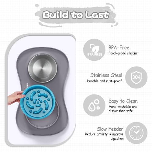 MateeyLife Dog Food and Water Bowl Set 3 in 1, Slow Feeder Dog Bowls & Stainless Steel Water Bowl with Non-Spill Silicone Mat, Cat and Puppy Bowls Pet Dishes for Small Medium Large Breed Anti-Choking - color: Gray, size: Small