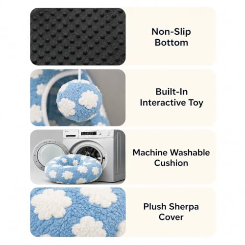 Cat Tunnel Bed with Washable Cushion for Indoor Cat, Donut Cave Tube Toys for Kitten Puppy Rabbit, Blue - color: Blue