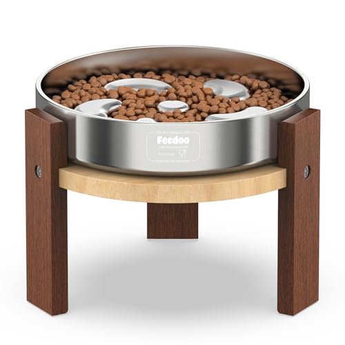 Feedoo Elevated Dog Bowl Stand, 6'' Height Raised Stand for Medium Dogs, Includes 2Cups Stainless Steel Slow Feeder Dog Bowl, Durable Solid Hardwood - color: 6" Height 2Cups Slow Feeder