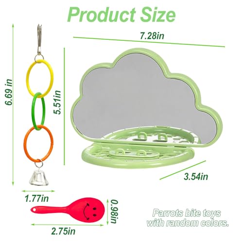Bird Mirror with Perch Stand & Slow Feeder,Parrot Toys Swing(Green) - color: Green Cloud