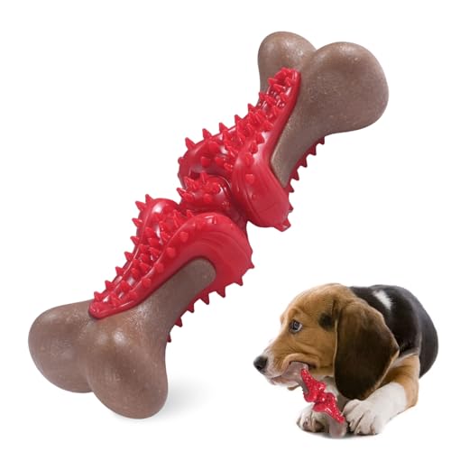 Durable Dog Chew Toys for Large Dogs - Tough Bone-Shaped Dental Chew with TPR Rubber & Wood Fiber, Teething & Aggressive Chewer Toys for Medium/Large Breed, Long-Lasting Teeth Cleaning & Stimulation - color: Red