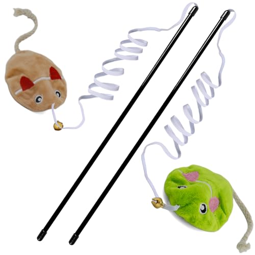 Interactive Cat Toy Wand with Catnip Mouse, Cat Teaser Wand Rainbow String for Bored Indoor Adult Cats and Kittens (2 Pack Mouse) - size: 2 Pack Mouse
