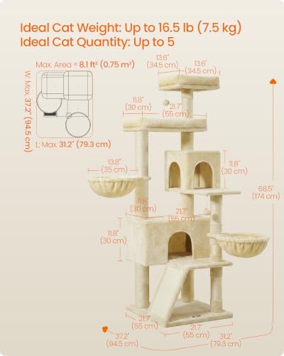 Feandrea Cat Tree, 68.5-in Tall Cat Tower, Multi-Level Condo, Beige - color: Beige