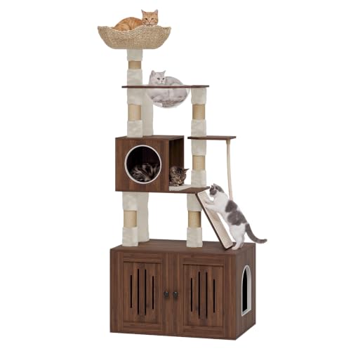 Garvee 66.9" Cat Tree with Litter Box Enclosure, Multi-Level Cat Condo - color: Walnut