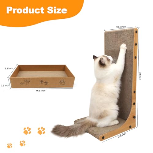 Goosheep 22in L-Shaped Cat Scratcher 2-in1 Scratching Board for Indoor Cats Protecting Furniture Cardboard Box Scratch Pad, Scratching Posts with Feathered Toy - color: 1pk 22in L-Shape Cat Scratcher with Box