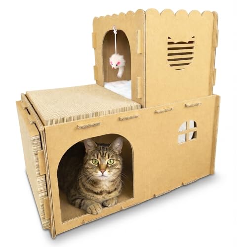OtterPets Cardboard Cat House, 2-Level Cat Scratcher with 2 Scratch Pads