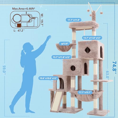 Hey-brother Cat Tree Tower with 3 Condos, Step Climbing Pathway MPJ081MU - color: Muchroom, size: 74.8 inches