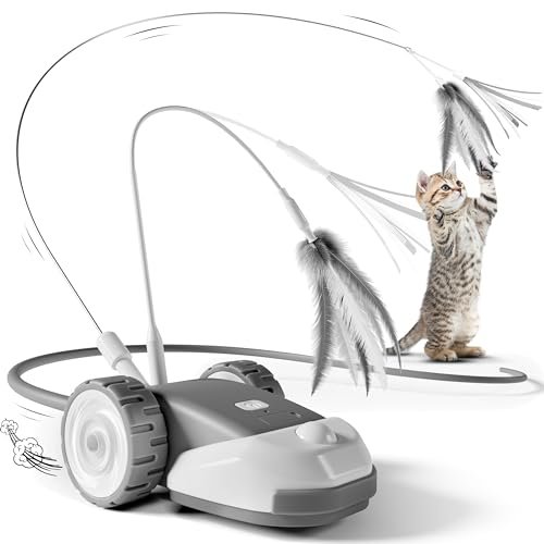 CYROS 3-in-1 Interactive Cat Toy - 2-Speed Automatic Moving Mouse Cat Toys Self Play with 2pcs Hanging Feather String Ribbon and Wiggly Silicone Mice Tail for Bored Indoor Adult Cats Kittens - color: Grey