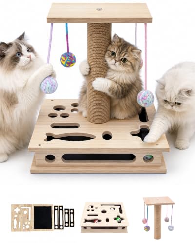 Cat Nail File Box, Solid Wood Cat Scratcher with Sandpaper & Enrichment Toy