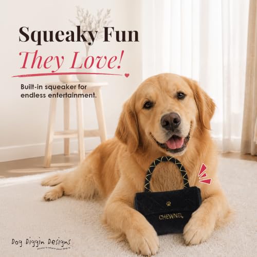 Dog Diggin Designs Chewnel Classique Plush Dog Toy Purse | Luxury-Inspired Parody Designer Handbag with Squeaker, Soft Plush Fashion Dog Toy – Haute Couture Purses & Handbags - color: Black Koko Classique Purse, size: One Size