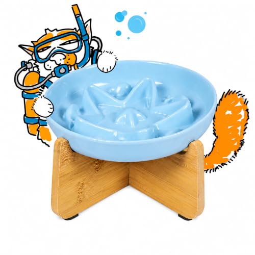 Slow Feeder Cat Bowl with Stand, Melamine Elevated Cat Food Bowl, Whisker Friendly Raised Puzzle Feeder for Cats & Small Dogs, Wet & Dry Food, Dishwasher Safe, Non-Slip (Blue) - color: Ocean Mist With Stand