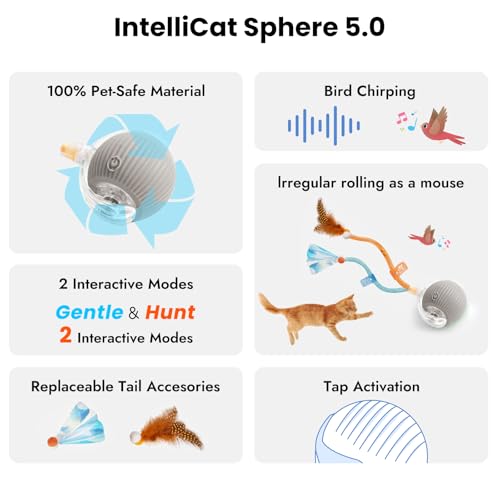 2025 New Generation Interactive Cat Ball Toy with Elastic Mesh Tail - Automatic Motion-Activated Chirping Kitten Toy for Indoor Cats, Relieves Boredom & Encourages Play - color: Grey