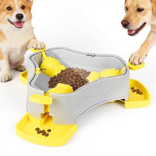 Dog Puzzle Toy, 3-in-1 Interactive Dog Puzzle Toys Press-Type Dog Treat Dispenser Toy Dog Enrichment Toy No-Slip Dog Slow Feeder Interactive Brain Training Toy for Smart Dog Cat, Yellow - color: Yellow+Grey