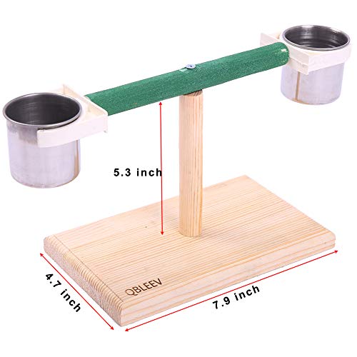 QBLEEV Bird Play T-Stands Tabletop Perch, Wooden Parrot Playstand with Cups - color: Silver