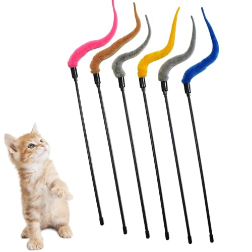 6 PCS Wiggly Worm Cat Wand Toys Interactive Colorful Plush Cat Teaser Stick - color: B[Worm]