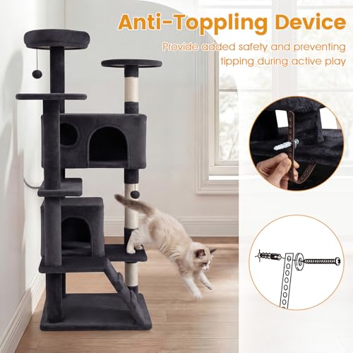 PETSITE 52-inch Cat Tree, Multi-Level Cat Tower with Sisal Scratching Posts, 2 Comfy Condos, Plush Padded Soft Top Perch, Dangling Balls, and Climbing Ladder, Ideal for Indoor Cats (Dark Grey) - color: Dark Grey
