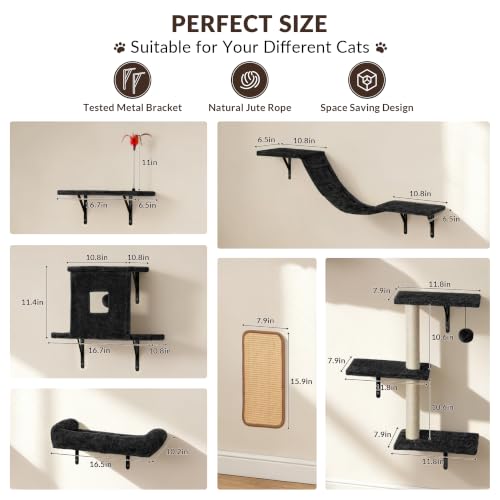 Cat Wall Shelves, 6-in-1 Cat Wall Furniture Set, Black - color: Black