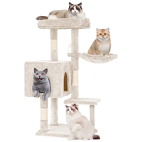 FDW 37.8 inch Cat Tree Cat Tower for Indoor Cats with Scratching Posts,Multi-Level Cat Furniture Activity Center Stand House Cat Condo Modern Cat Tower with Hanging Cradle & Funny Toy,Beige - color: Beige