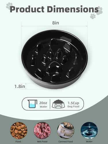 Ceramic 1.5 Cup for Small & Medium Breeds Slow Feeder Dog Bowl (Black) - color: Black