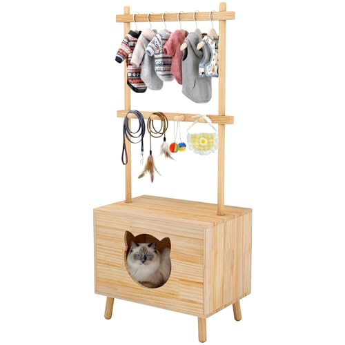 Cat House Side Table,Dog Closet Wooden Pet House Kitten Clothes Rack,Indoor Cat Activity Center for Toy Organization,No Paint (Natural)