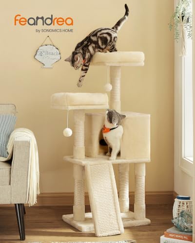 Feandrea Cat Tree, 45.3-Inch Cute Cat Tower, Plush Climbing Condo, Beige - color: Beige