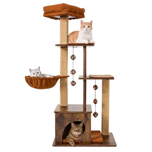 FUKUMARU Retro-Modern Cat Tree, 4 in 1 Large Cat Tower with Hammock & Condo