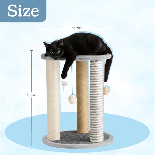 Cat Scratching Post - 3 Scratcher Posts with Carpeted Scratch Pad Base and Perch - Furniture Scratching Deterrent for Indoor Cats by PETMAKER (Gray) - color: Gray