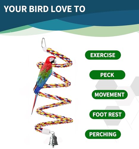 2Pcs 43'' Bird Rope Perches Birdcage Swing Toys 100% Cotton Natural Bird Perch Peck/Chewing with Vintage Bell Climbing Standing Bungee Parrot Toys for Small to Regular Size Parrot Cockatiel Birds - size: 43'x2pcs