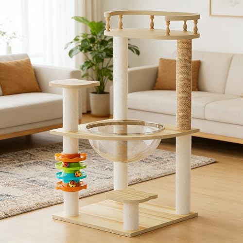 32.2" Modern Wood Cat Tree Tower for Indoor Cats, Multi-Level Cat Condo with Acrylic Hammock, Sisal Scratching Post, Top Perch & Toy, Small Cat Activity Tree for Small & Large Cats - color: Style E