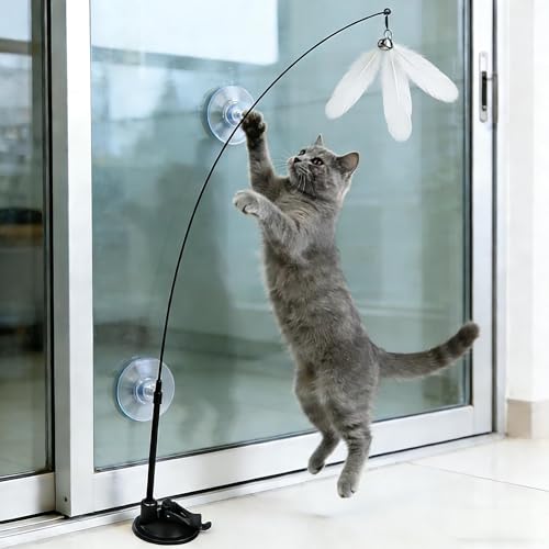 Suction Cup Cat Teaser Wand - Interactive Feather & Bell Toy for Indoor Cats, Self-Play Fixed Design, Scratch-Resistant to Relieve Boredom