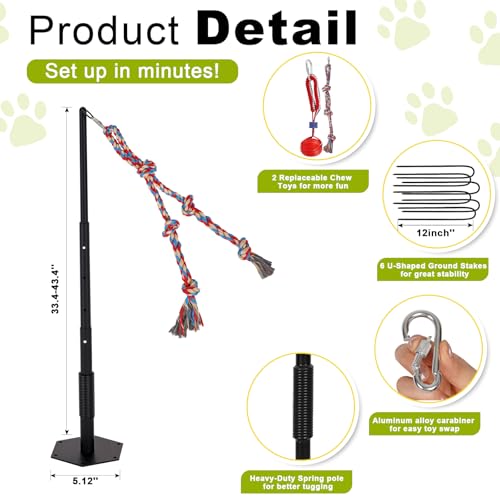Outdoor Tug of War Dog Toy, Tether Interactive Dog Tug Toy Backyard Heavy-Duty Dog Solo Play Exercise Toy for Large Medium Dogs, Height Adjustable, 2 Rope Toys