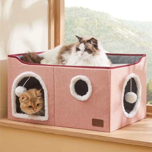 Bedsure Extra Wide Cat House Bed with Fluffy Ball and Scratch Pad,Pink - color: Pink, size: Widen