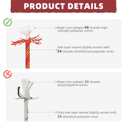 1/2 Inch Static Climbing Rope (100 Ft) - 9000lbs High Strength Arborist Bull Rope for Tree Pulling, Rigging & Rappelling - 48 Strand Polyester Braided Core, Red - size: 1/2in x 100ft, style: Red