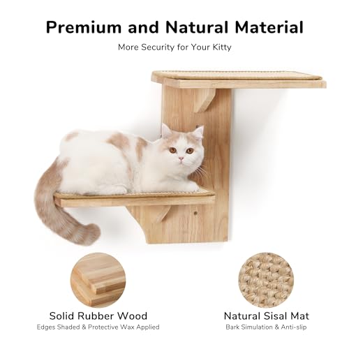 FUKUMARU Cat Wall Shelves, 2 Platform Kitten Wall Furniture, Tree Shape Wall-Mounted Floating Shelf with Sisal Mat, Solid Rubber Wood Cats Perch for 16 Inch Drywall, Suitable for Climb, Play, Nap - color: Sisal mat
