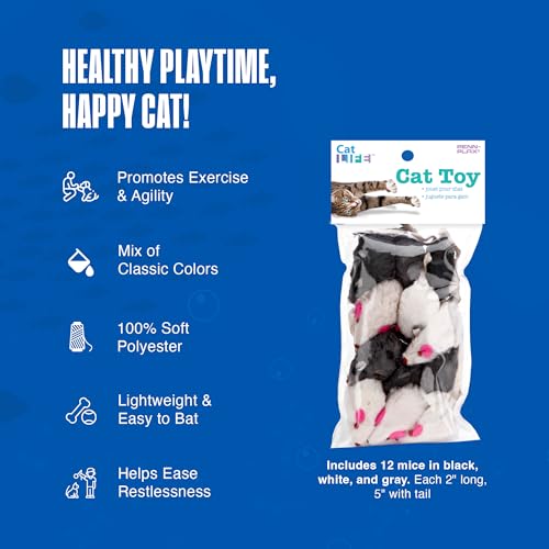 Penn-Plax Play Fur Mice Cat Toys - 12 Pack - Exercise & Hunting - Black