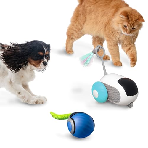 1pc Interactive Automatic Remote Control Cat Mice Car Toy and 1pc Smart Electric Moving Speedy Cat Ball Toy with Feather Tail, Suitable for Dogs, Keep Busy, Stimulating, Rechargeable (Blue) - color: blue