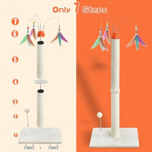 YARUOMY Cat Scratching Post ，41.3" Sisal Rope Cat Scratcher Tall Scratching Post for Indoor Cats Adult with Interactive Cat Toys Automatic Teaser Wand and Rotating Hanging Balls - size: 41.3"H