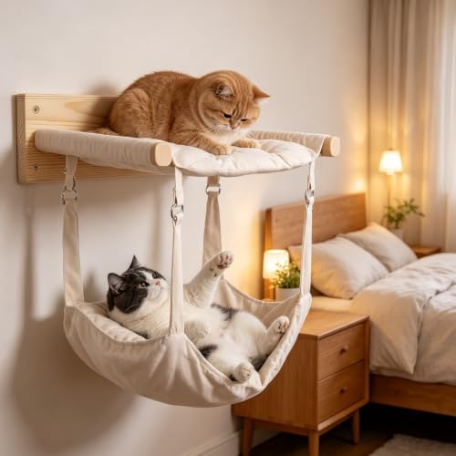 Beige Wall Mounted Cat Double Hammock & 3 Steps, Pine Climbing Shelf & Perch Set, Multi-Function Wall-Mounted Cat Furniture for Sleep Play Climb, Easy DIY Installation