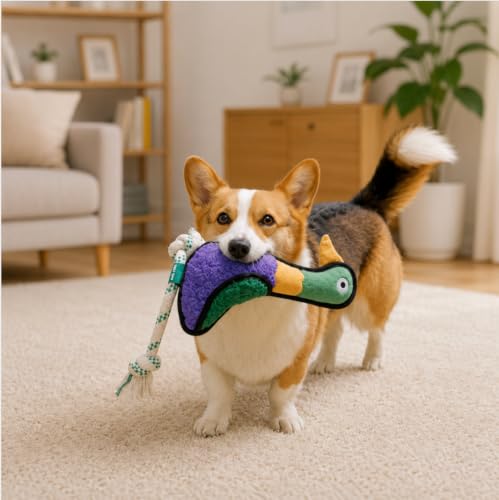 Green Sheep Squeaky Plush Dog Toy, Interactive Rope Toy with Recycled Materials for Tug, Fetch and Play, Medium to Large Dogs, Chew Toy, Duck - color: Duck
