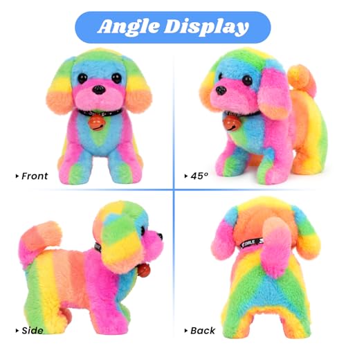 Hopearl Walking Colorful Dog with Bell Interactive Electronic Pet Plush Toy Puppy Woof and Moving Animated Nodding Head Gifts for Toddlers Birthday, Rainbow, 7'' - style: Dog_Straight Rainbow