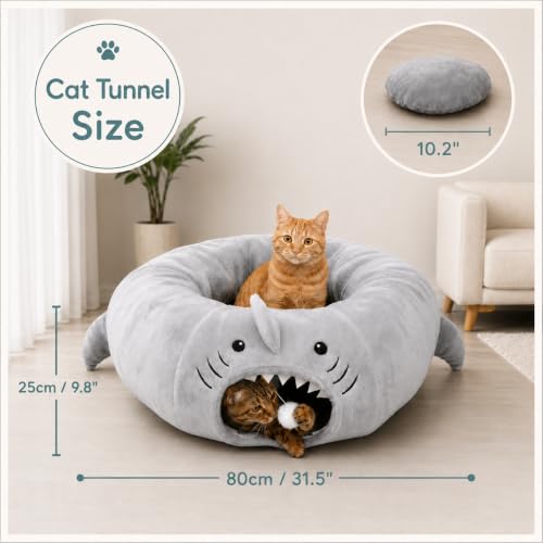 Baseola Fuzzy Cat Tunnel Bed for Indoor Cats, 2-in-1 Interactive Cat Toys - color: Grey Shark