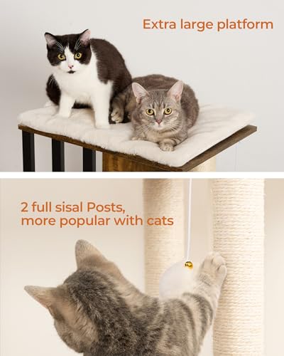 FourFurPets 35.4in 3-Tier Modern Cat Tree Tower Condo, Cat Scratch Posts for Indoor Cats, Big Plate, Two Full Sisal Scratching Posts, Rustic Brown - color: Rustic Brown, size: 19.1"L x 13.8"W x 35.4"H
