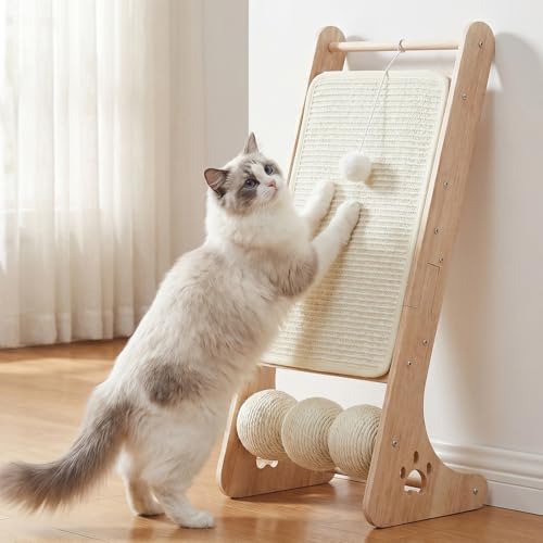 Cat Scratcher for Indoor Cats, Sisal Cat Scratching Board with 3 Sisal Scratch Balls, Solid Wood Cat Scratchers Pad Ramp, L-Shaped Cat Scratching Post
